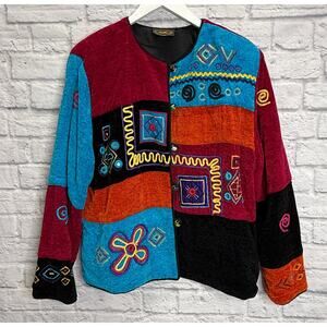 Vintage 90s Allure Womens Tapestry Jacket Size L Blue Red Embroidered BOHO Artsy